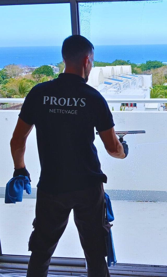 Intervenant Prolys, de dos, passant la raclette sur une baie vitrée face à l’océan
